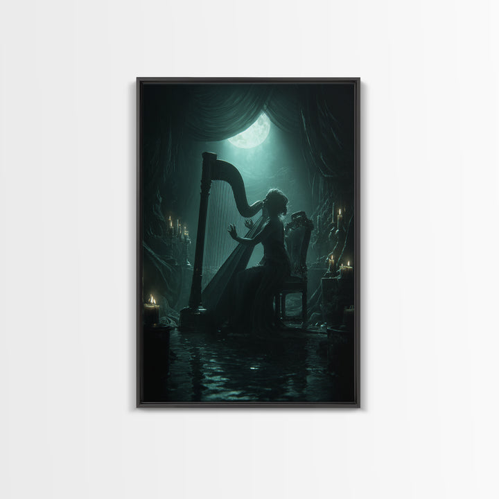 The Harpist Of Abyssal Sleep, Vertical Wall Art, Haunted Gothic Art, Canvas Print, Halloween Wall Decor, Gothic Home Decor
