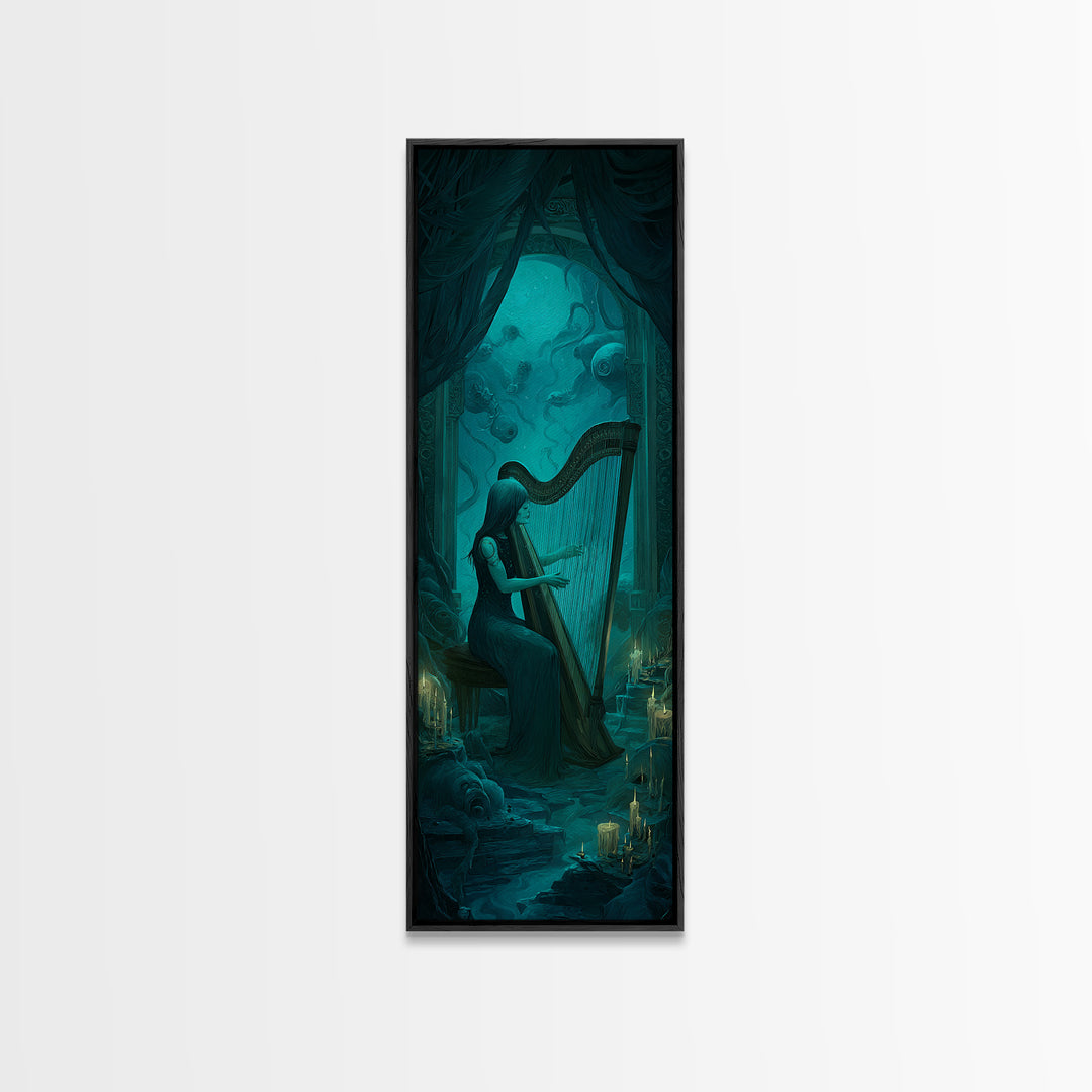 The Harpist Of Abyssal Sleep, Tall Narrow Wall Art, Dark Halloween Decor, Framed Canvas Print, Halloween Wall Decor, Gothic Home Decor