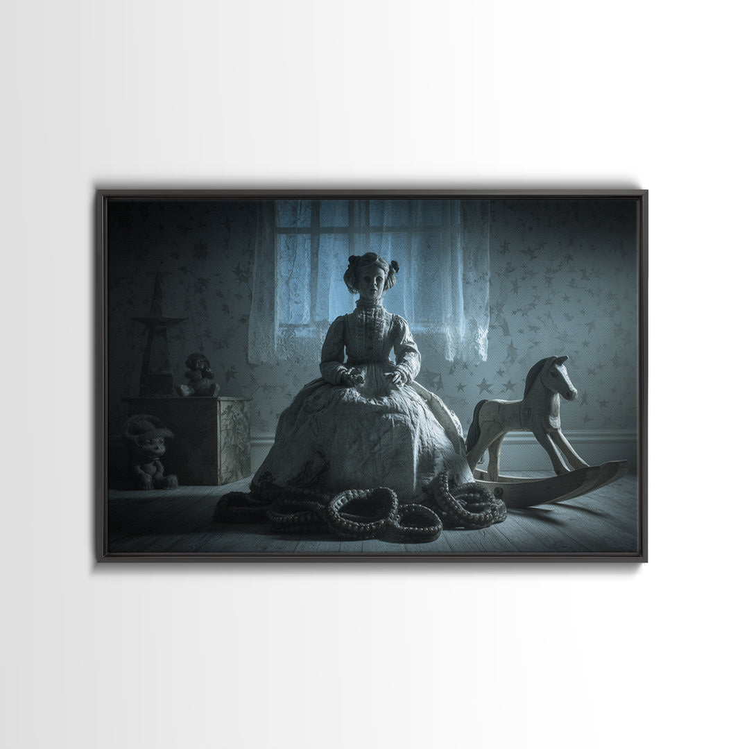 The Doll From Beyond The Void, Landscape Wall Art, Eldritch Gothic Decor, Framed Canvas Print, Halloween Wall Decor, Gothic Home Decor