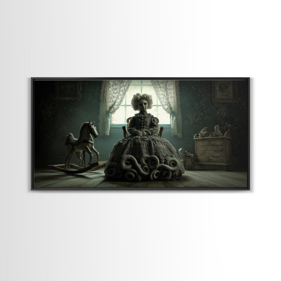 The Doll From Beyond The Void, Wide Panoramic Art, Dark Fantasy Wall Art, Canvas Print, Halloween Wall Decor, Gothic Home Decor