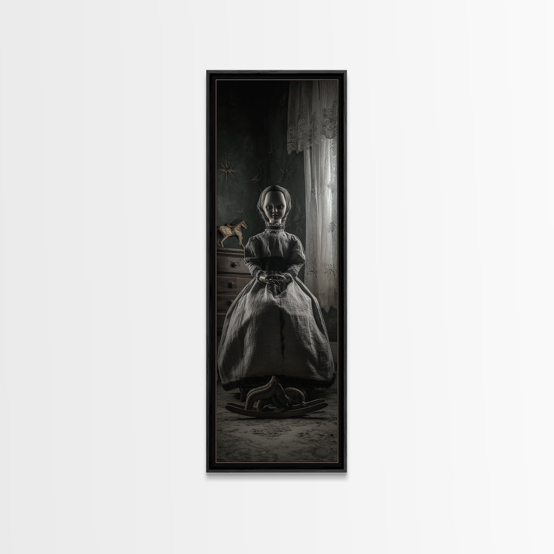 The Doll From Beyond The Void, Tall Narrow Wall Art, Lovecraftian Horror Art, Framed Canvas Print, Halloween Wall Decor, Gothic Home Decor