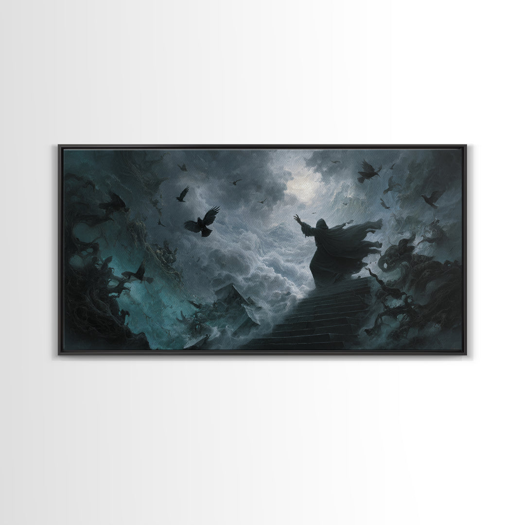 The Raven Sermon Of Leng, Wide Panoramic Art, Lovecraftian Horror Art, Canvas Print, Halloween Wall Decor, Gothic Home Decor