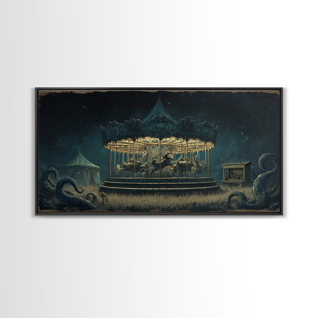 The Carousel Of Sleeping Planets, Wide Panoramic Art, Lovecraftian Horror Art, Canvas Print, Halloween Wall Decor, Gothic Home Decor