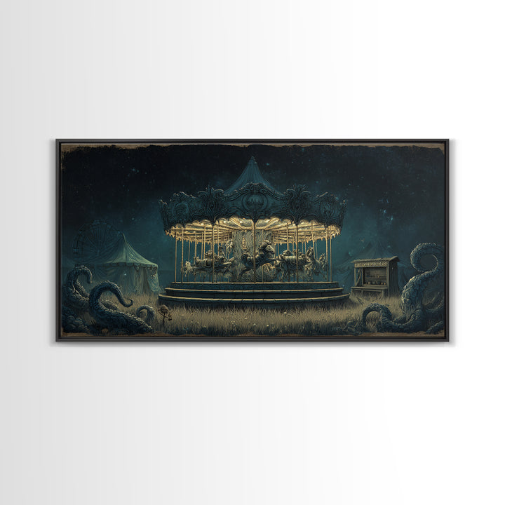 The Carousel Of Sleeping Planets, Wide Panoramic Art, Lovecraftian Horror Art, Canvas Print, Halloween Wall Decor, Gothic Home Decor