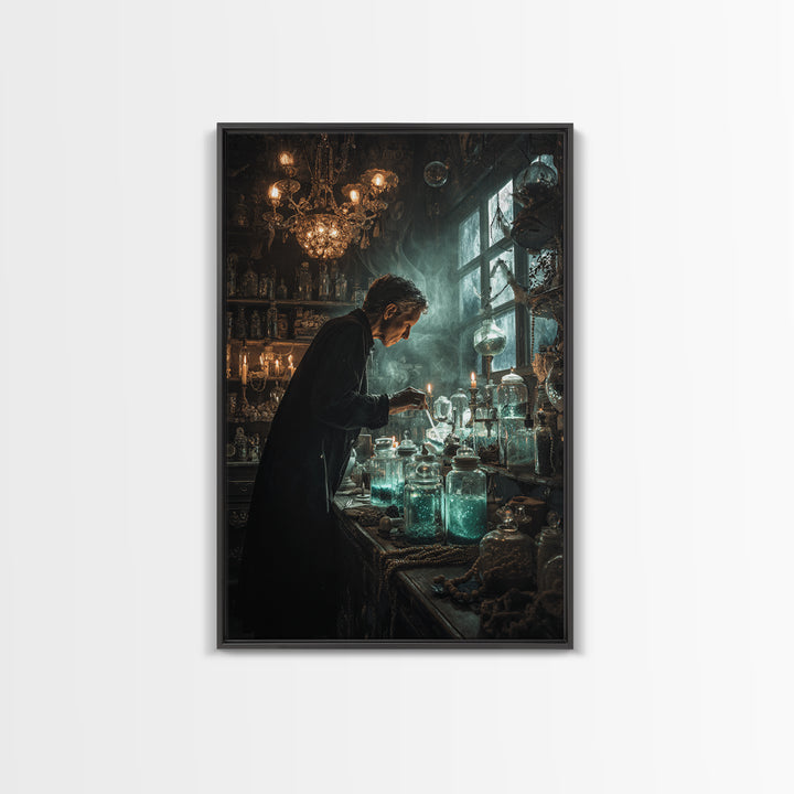 The Apothecary Of Black Seashell Dreams, Vertical Wall Art, Haunted Gothic Art, Framed Canvas Print, Halloween Wall Decor, Gothic Home Decor