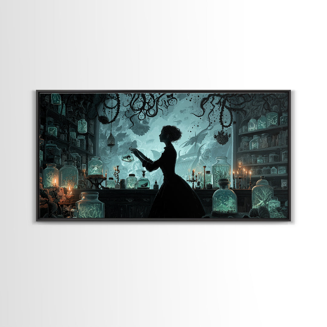 The Apothecary Of Black Seashell Dreams, Wide Panoramic Art, Cosmic Horror Wall Art, Canvas Print, Halloween Wall Decor, Gothic Home Decor