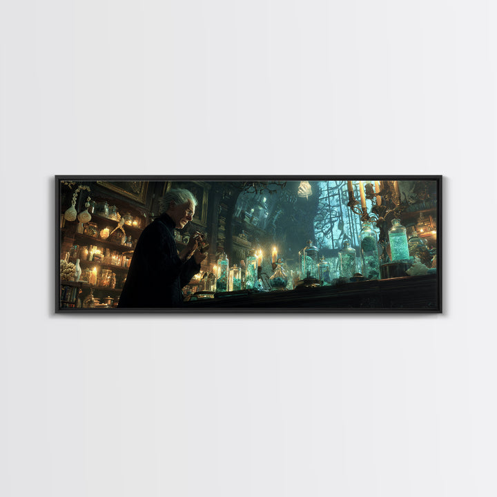 The Apothecary Of Black Seashell Dreams, Extra Wide Wall Art, Haunted Gothic Art, Framed Canvas Print, Halloween Wall Decor