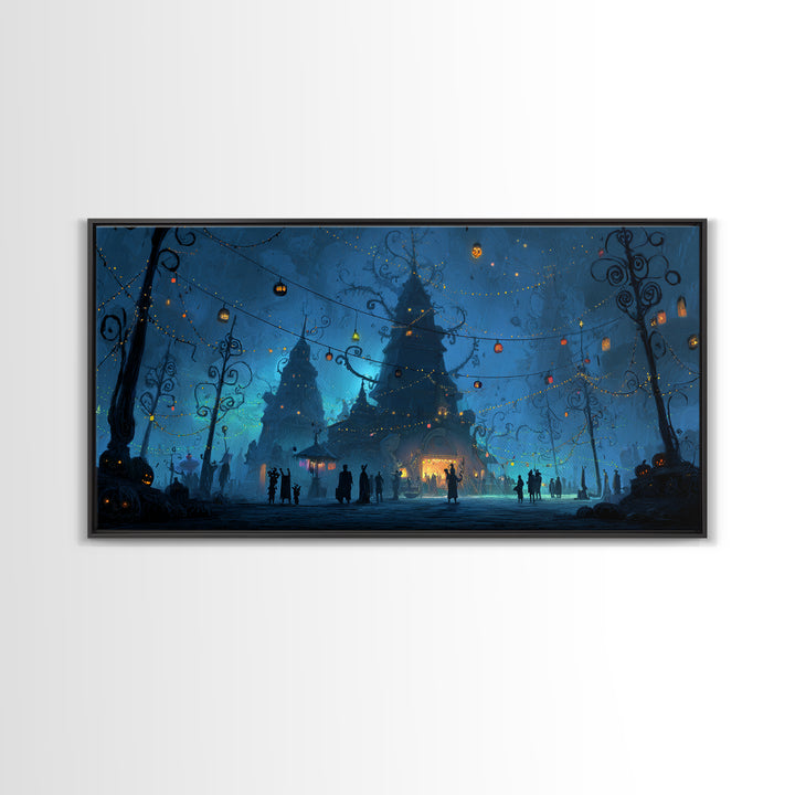 The Festival Of The Little Old Ones, Wide Panoramic Art, Spooky Home Decor, Canvas Print, Halloween Wall Decor, Gothic Home Decor