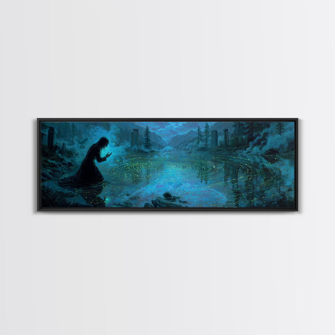 The Mirror Lake Of Lost Constellations, Extra Wide Wall Art, Eldritch Gothic Decor, Canvas Print, Halloween Wall Decor, Gothic Home Decor