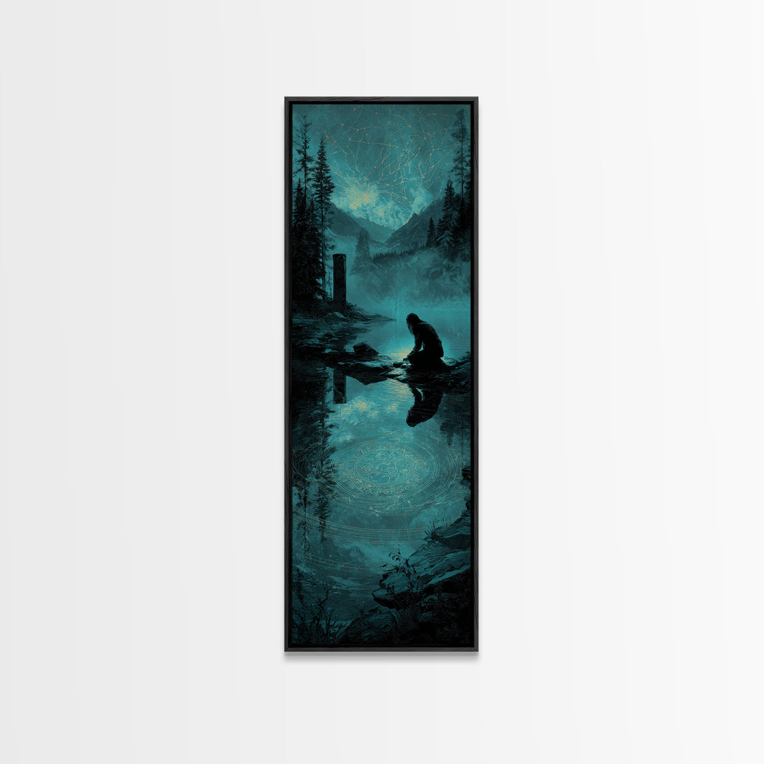 The Mirror Lake Of Lost Constellations, Tall Narrow Wall Art, Dark Fantasy Wall Art, Framed Canvas Print, Halloween Wall Decor