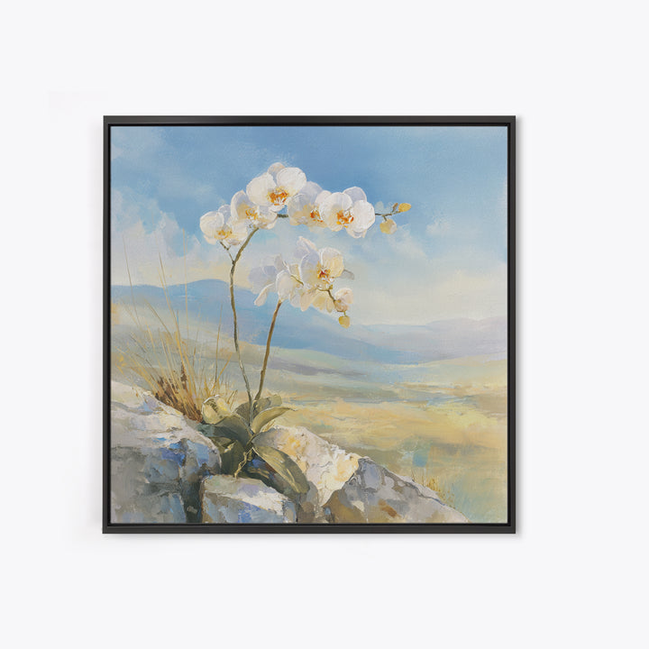 White Orchid on Stone Background Framed Canvas Print, Dental Office Art, Printable Wall Art, Office Decor, Fine Art, Calm, DOA-1x1-12