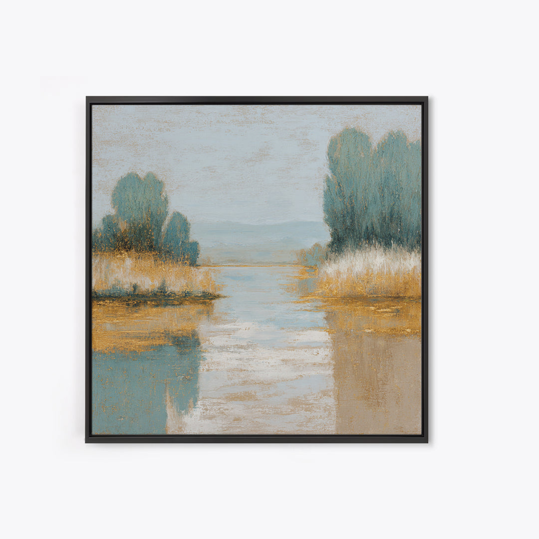 Sunlit Lake with Calming Reflections Framed Canvas Print, Dental Office Art, Dental Gift, Office Decor, Oil Painting, Calm, DOA-1x1-63