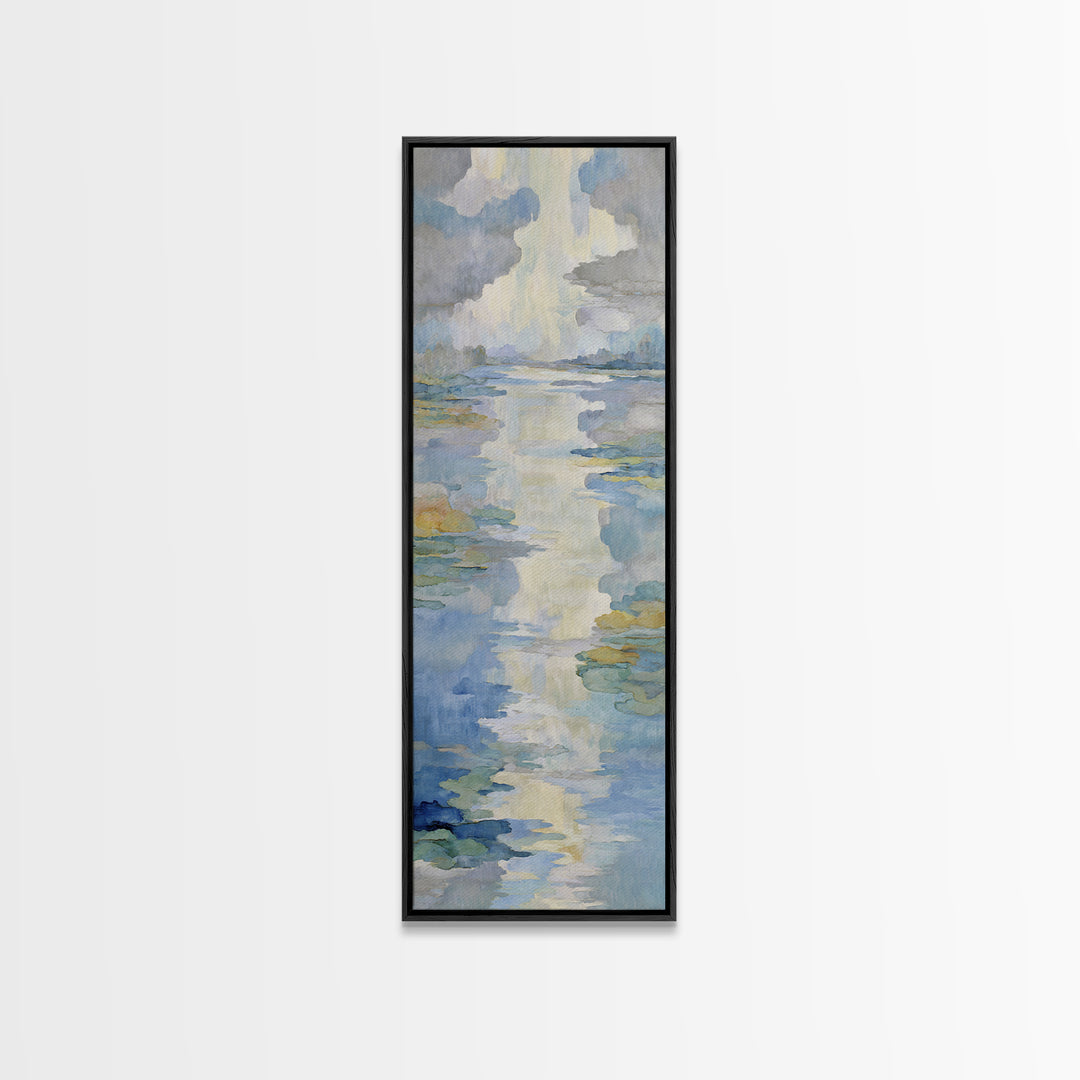 Sunlit Lake with Calming Reflections Framed Canvas Print, Dental Office Art, Wall Art, Office Decor, Oil Painting, Calm, DOA-1x3-75