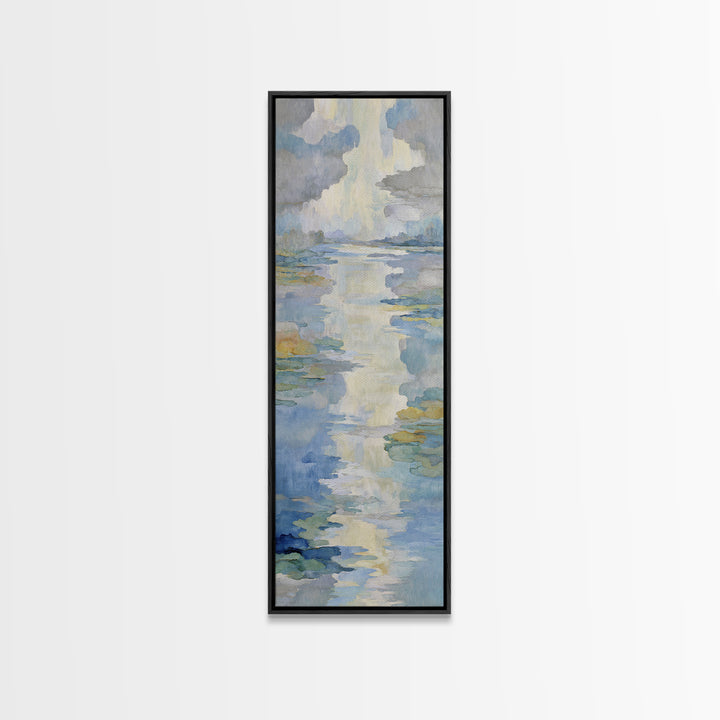 Sunlit Lake with Calming Reflections Framed Canvas Print, Dental Office Art, Wall Art, Office Decor, Oil Painting, Calm, DOA-1x3-75