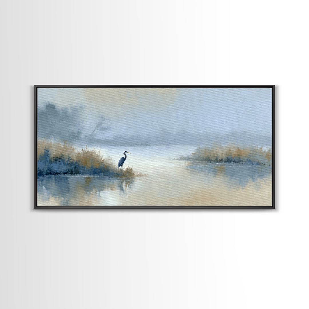 Blue Heron by Calm Marsh Water Framed Canvas Print, Dental Office Art, Tooth Art, Office Decor, Fine Art, Calm, Modern Decor, DOA-2x1-19