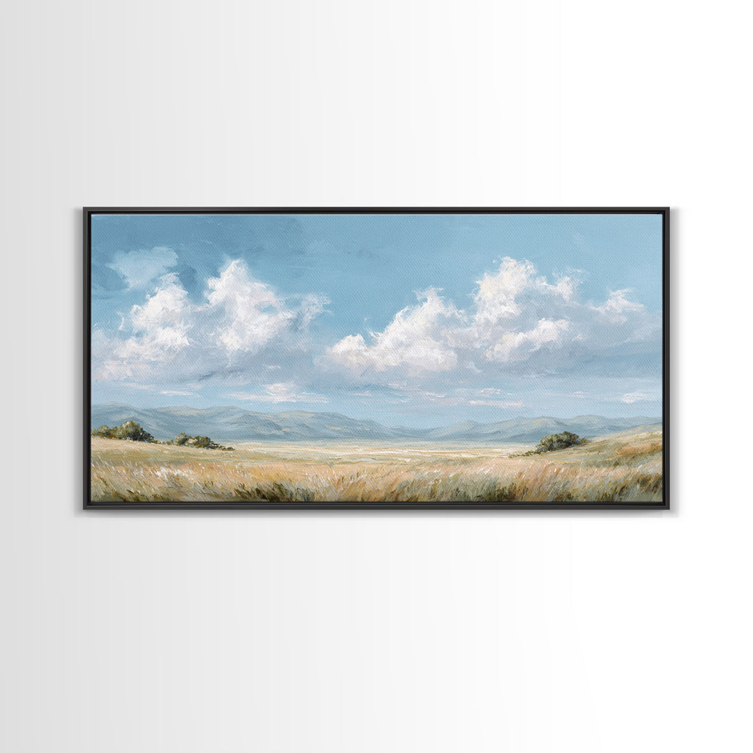 Peaceful Clouds over Open Meadow Framed Canvas Print, Dental Office Art, Modern Decor, Office Decor, Fine Art, Calm, Poster, DOA-2x1-29