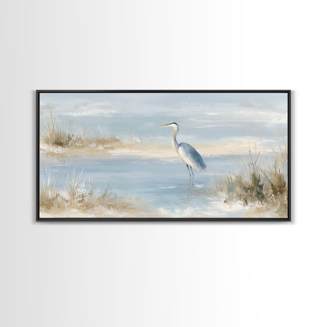 Blue Heron by Calm Marsh Water Framed Canvas Print, Dental Office Art, Contemporary Art, Office Decor, Fine Art, Calm, DOA-2x1-43