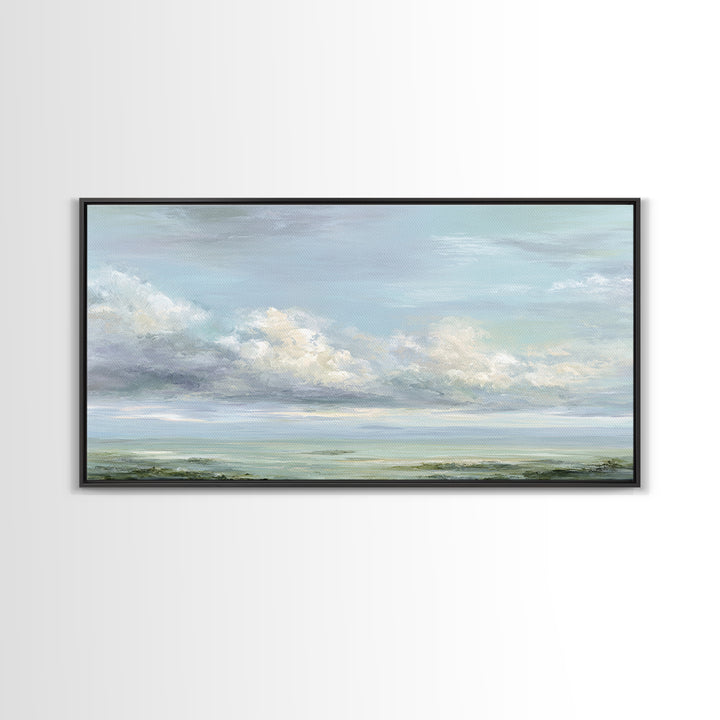 Peaceful Clouds over Open Meadow Framed Canvas Print, Dental Office Art, Modern Decor, Office Decor, Fine Art, Calm, Poster, DOA-2x1-5