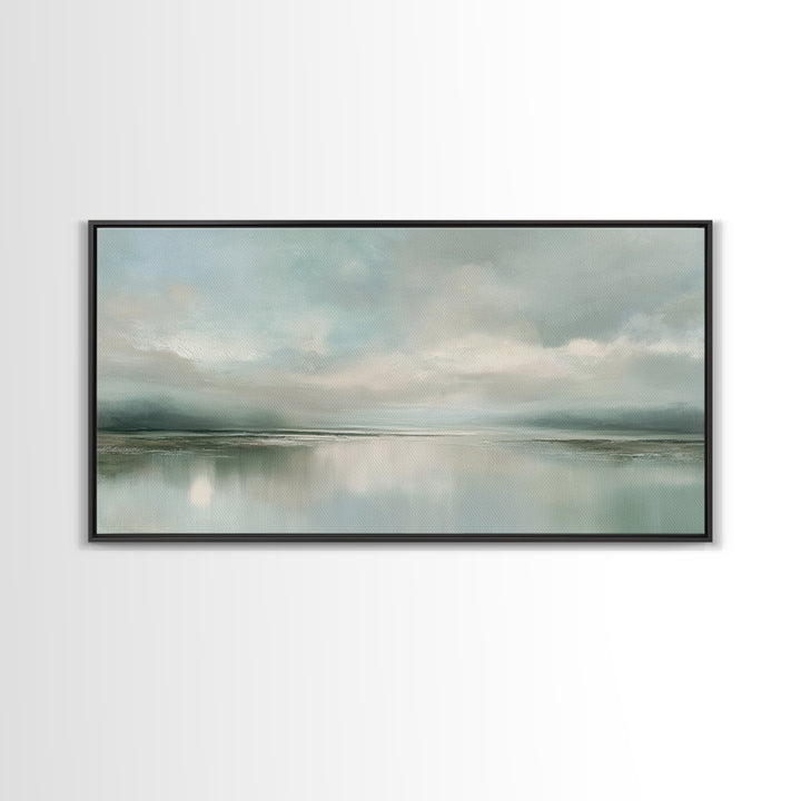 Sunlit Lake with Calming Reflections Framed Canvas Print, Dental Office Art, Boho Decor, Office Decor, Oil Painting, Calm, DOA-2x1-83
