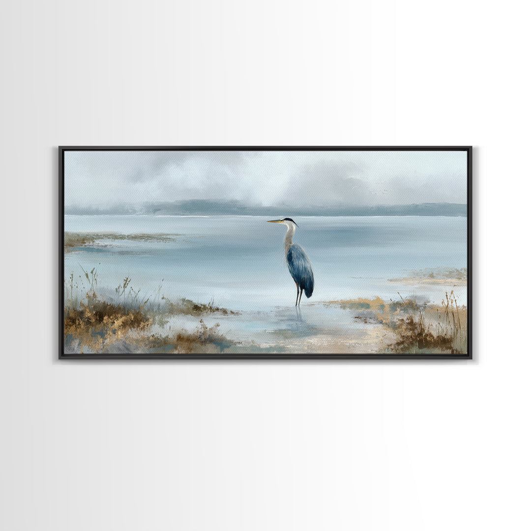 Blue Heron by Calm Marsh Water Framed Canvas Print, Dental Office Art, Contemporary Art, Office Decor, Fine Art, Calm, DOA-2x1-91