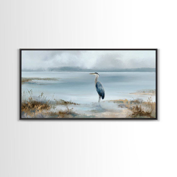 Blue Heron by Calm Marsh Water Framed Canvas Print, Dental Office Art, Contemporary Art, Office Decor, Fine Art, Calm, DOA-2x1-91