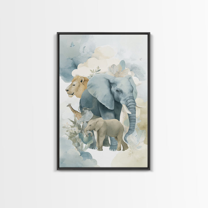 Happy Jungle Animals Framed Canvas Print, Dental Office Art, Textured Painting, Office Decor, Calm, Room Decor Aesthetic, DOA-2x3-94