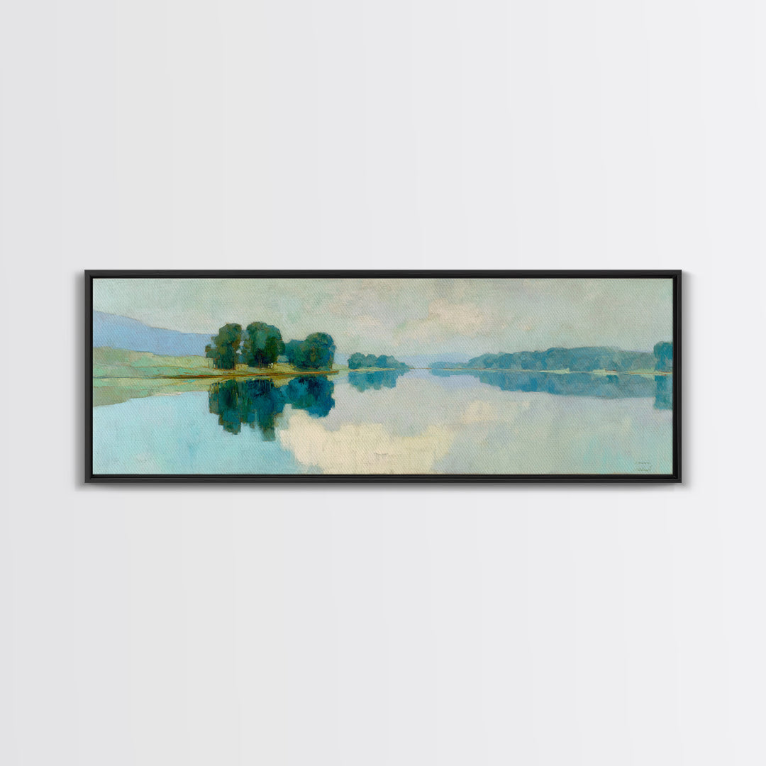 Sunlit Lake with Calming Reflections Framed Canvas Print, Dental Office Art, Boho Decor, Office Decor, Oil Painting, Calm, DOA-3x1-55