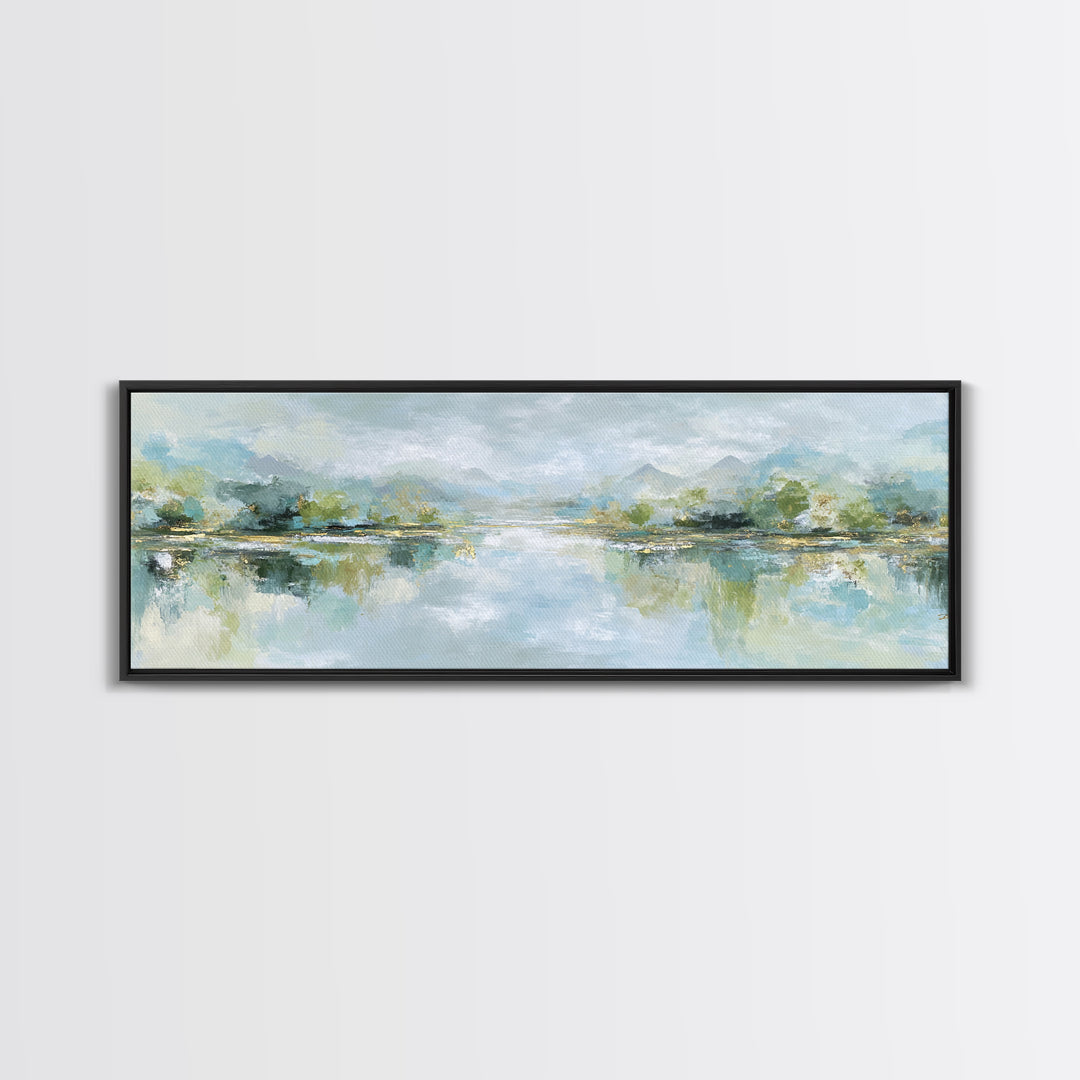 Sunlit Lake with Calming Reflections Framed Canvas Print, Dental Office Art, Dental Gift, Office Decor, Watercolor Art, Calm, DOA-3x1-7