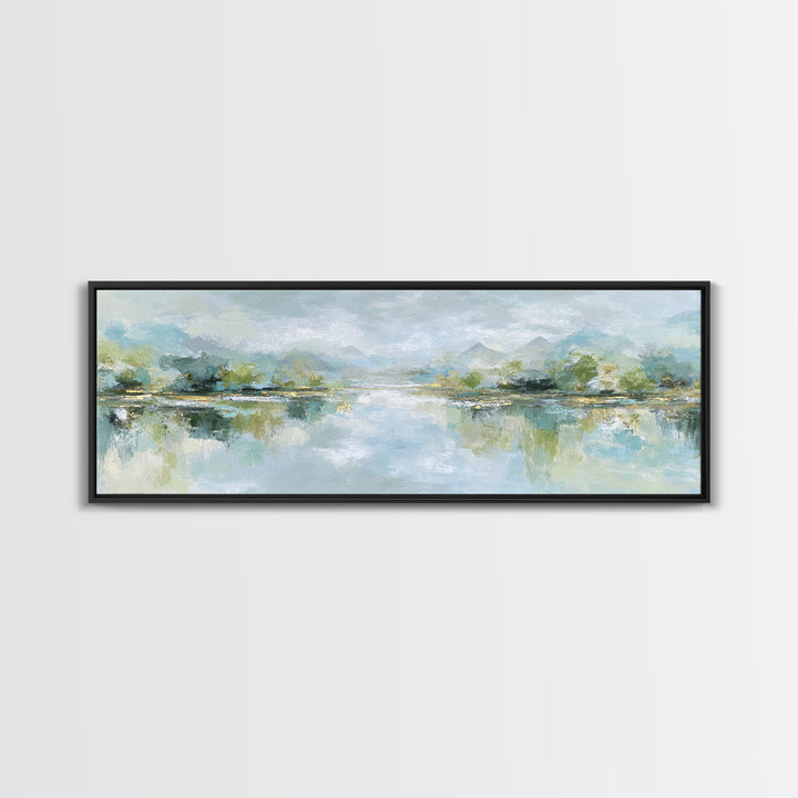 Sunlit Lake with Calming Reflections Framed Canvas Print, Dental Office Art, Dental Gift, Office Decor, Watercolor Art, Calm, DOA-3x1-7