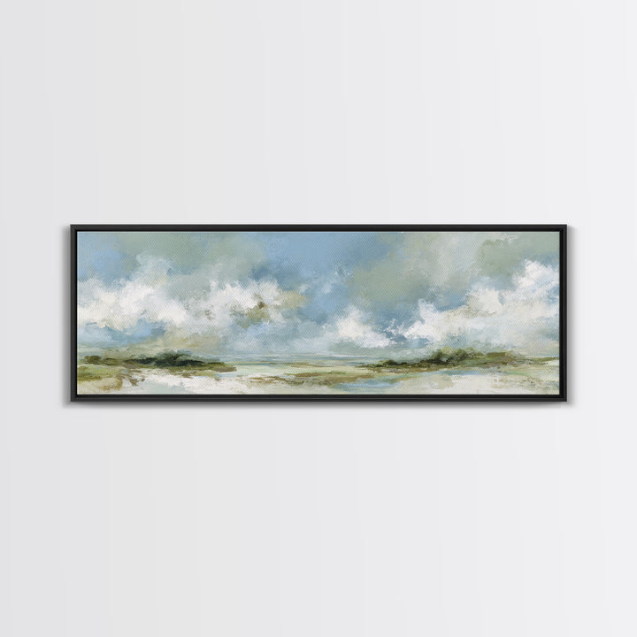 Peaceful Clouds over Open Meadow Framed Canvas Print, Dental Office Art, Dental Wall Art, Office Decor, Oil Painting, Calm, DOA-3x1-73