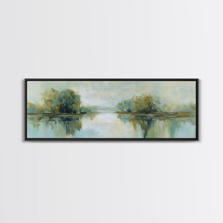 Sunlit Lake with Calming Reflections Framed Canvas Print, Dental Office Art, Printable Wall Art, Office Decor, Fine Art, Calm, DOA-3x1-79