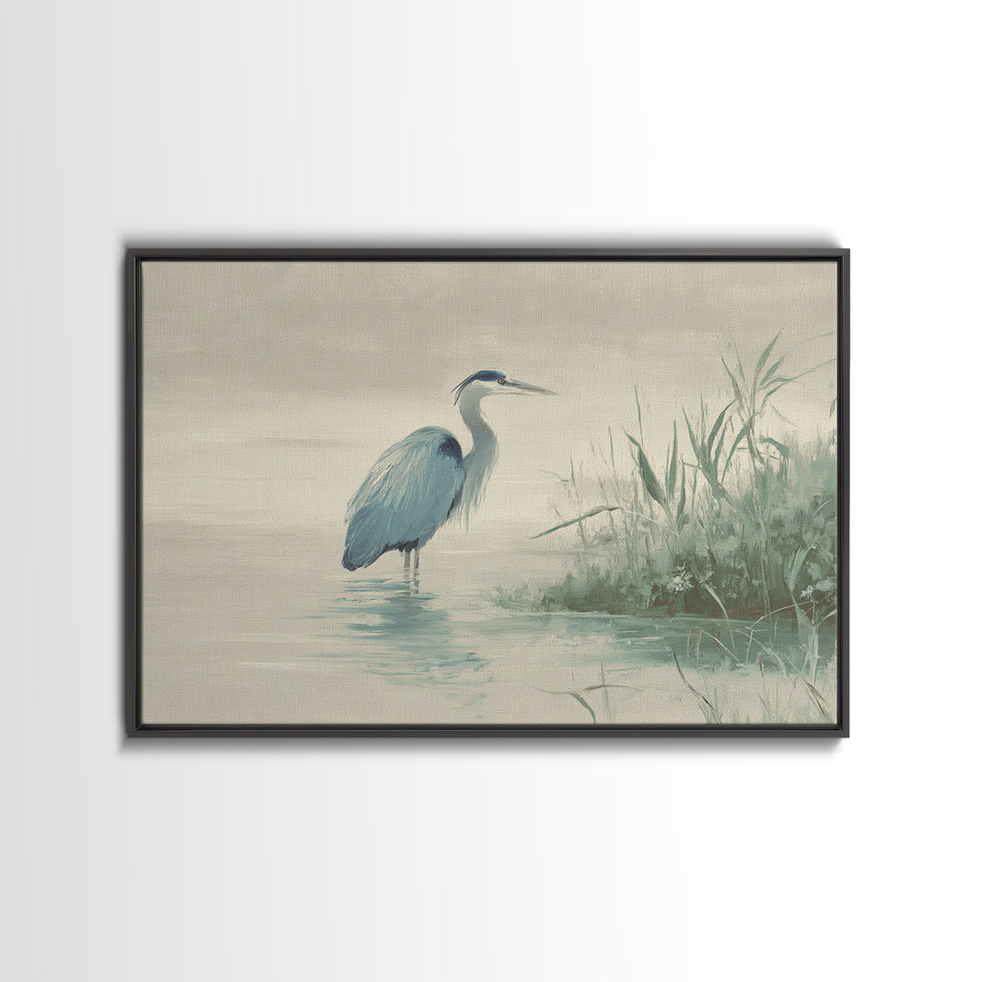 Blue Heron by Calm Marsh Water Framed Canvas Print, Dental Office Art, Textured Painting, Office Decor, Fine Art, Calm, DOA-3x2-27