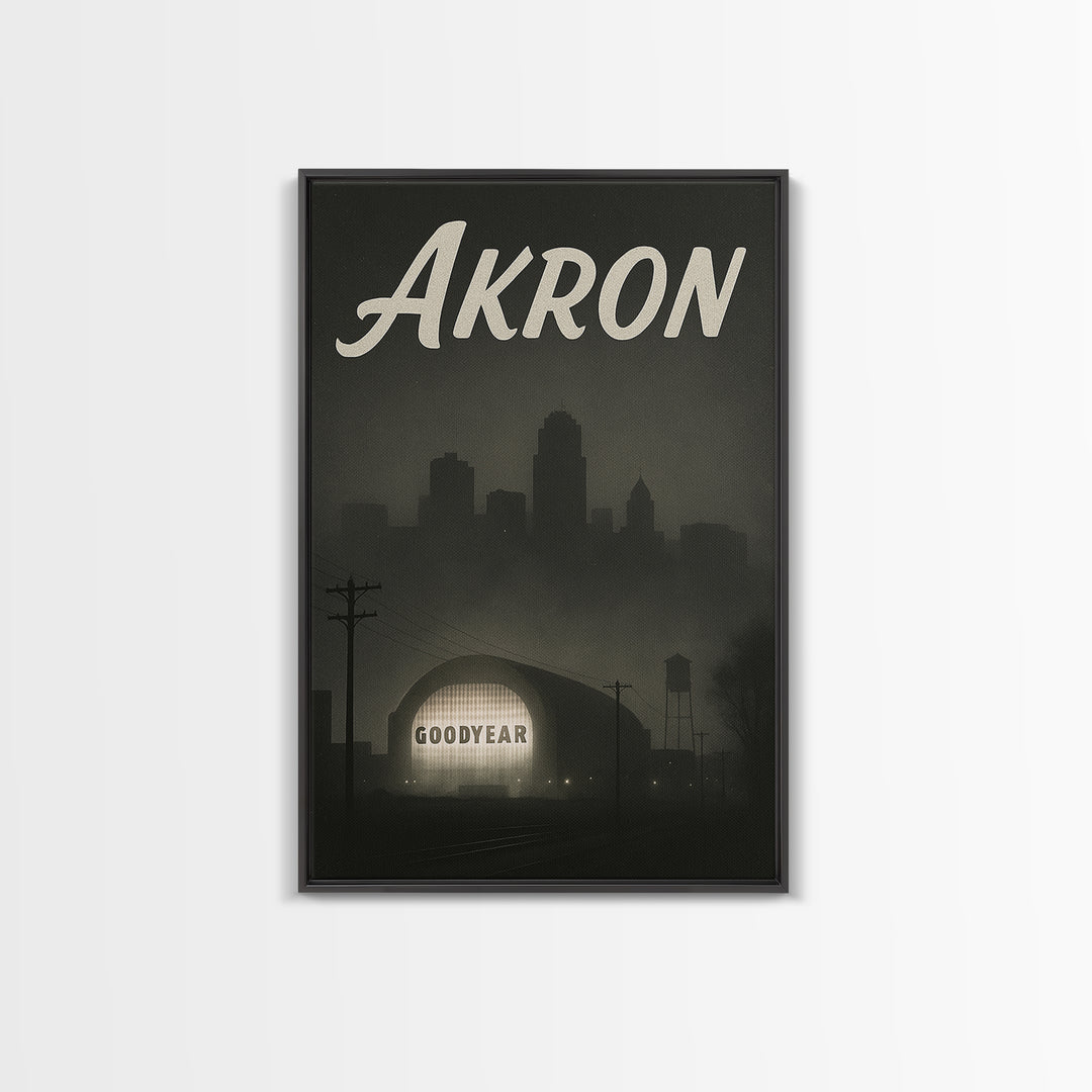 Akron Ohio Travel Poster, Canvas Print, Black And White Travel Art, Akron Wall Art, Vintage Travel Print, Travel Poster Art, City Art Print