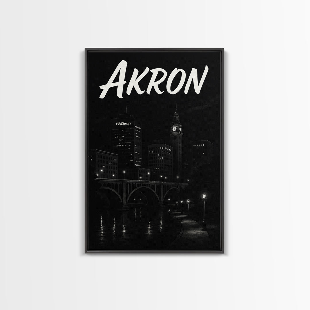 Akron Travel Poster, Canvas Print, Dark Moody City Wall Art, Akron Poster Print, Vintage City Art, City Illustration, Retro Travel Print