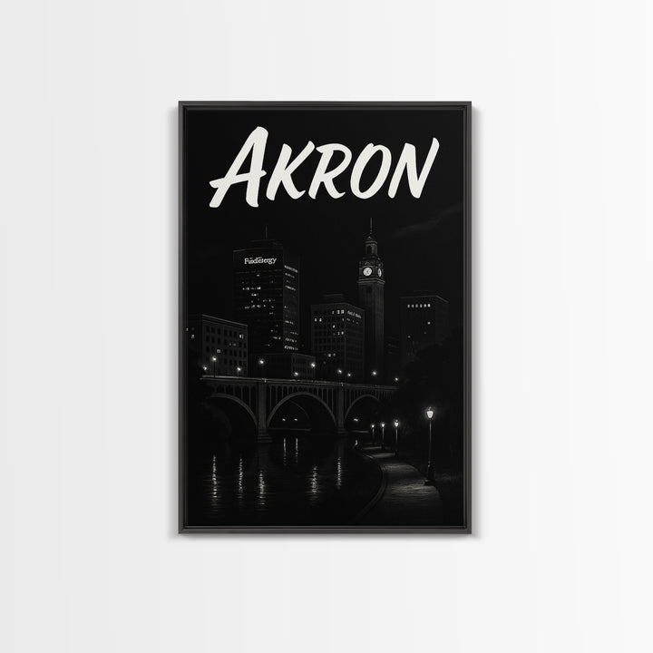 Akron Travel Poster, Canvas Print, Dark Moody City Wall Art, Akron Poster Print, Vintage City Art, City Illustration, Retro Travel Print