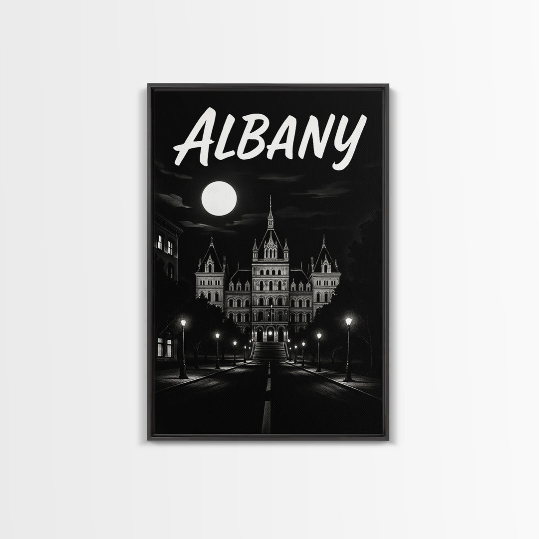 Albany Travel Poster, Framed Canvas Print, Dark Moody City Wall Art, Albany Poster Print, City Art Print, City Travel Prints, Home Decor