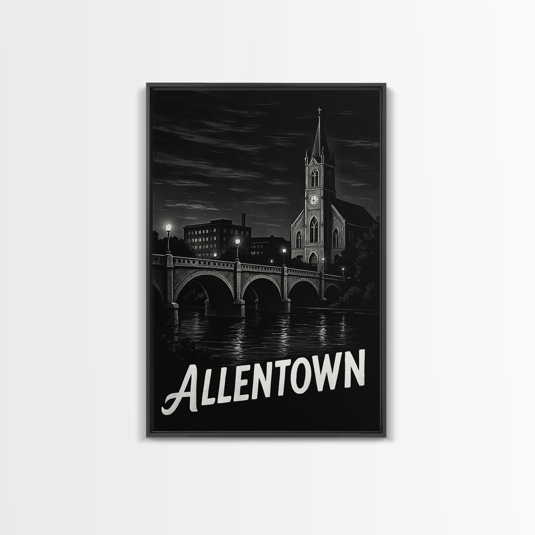 Allentown Travel Poster, Framed Canvas Print, Vintage Noir Poster Art, Allentown City Art, Travel Wall Art, Living Room Wall Art