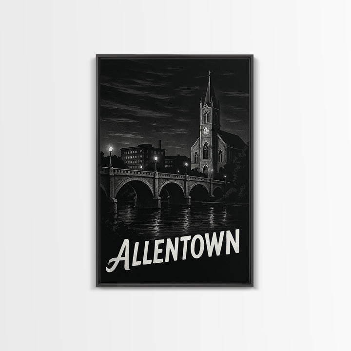Allentown Travel Poster, Framed Canvas Print, Vintage Noir Poster Art, Allentown City Art, Travel Wall Art, Living Room Wall Art