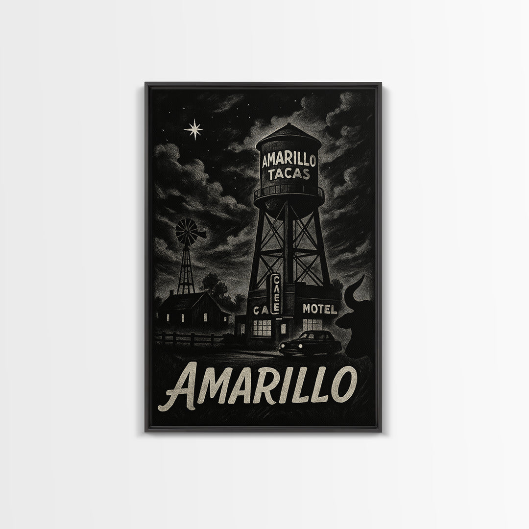 Amarillo Travel Poster, Framed Canvas Print, Vintage Noir Poster Art, Amarillo Travel Art, Vintage City Poster, Retro Travel Print
