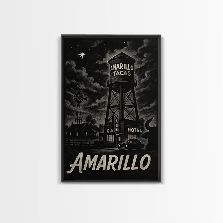 Amarillo Travel Poster, Framed Canvas Print, Vintage Noir Poster Art, Amarillo Travel Art, Vintage City Poster, Retro Travel Print