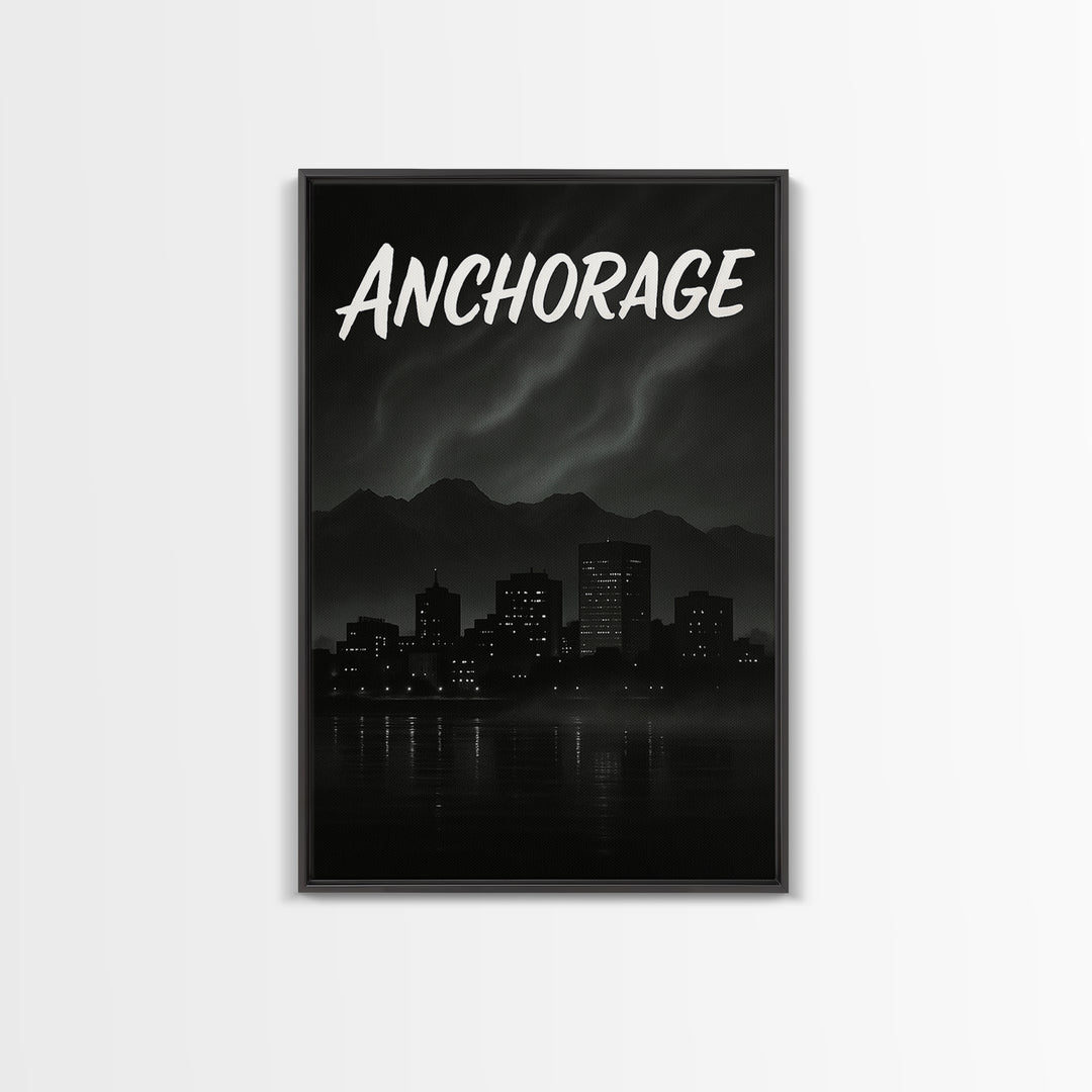 Anchorage Alaska Travel Poster, Canvas Print, Dark Moody City Wall Art, Anchorage Wall Art, Gift For Travelers, Mid Century Wall Art