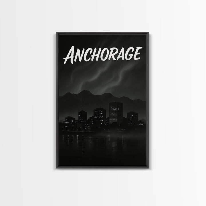 Anchorage Alaska Travel Poster, Canvas Print, Dark Moody City Wall Art, Anchorage Wall Art, Gift For Travelers, Mid Century Wall Art