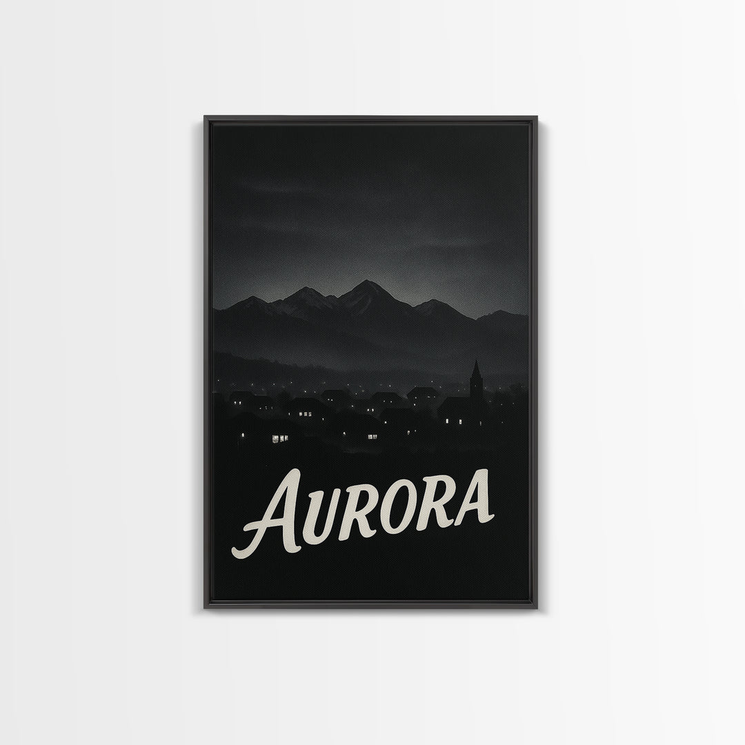 Aurora Travel Poster, Framed Canvas Print, Dark Moody City Wall Art, Aurora Poster Print, Vintage Travel Art, City Art Print, Poster Art