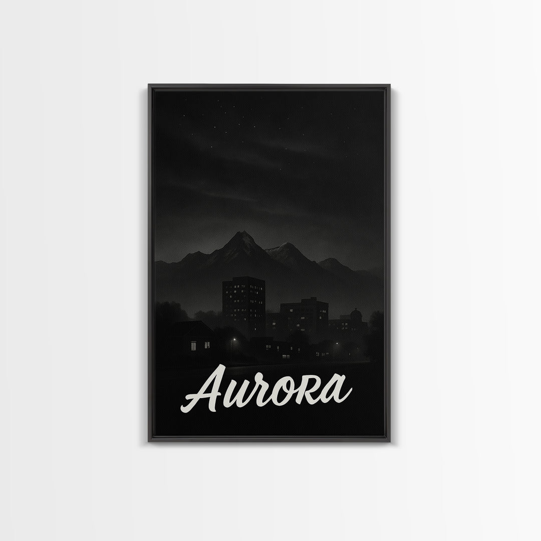 Aurora Travel Poster, Framed Canvas Print, Dark Moody City Wall Art, Aurora Art Print, Travel Wall Art, Vintage City Poster, Travel Gift