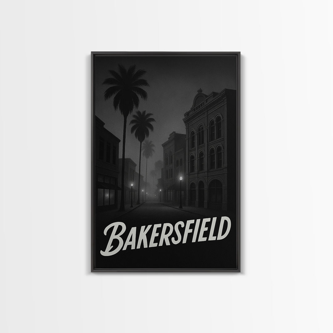 Bakersfield California Travel Poster, Canvas Print, Black And White Travel Art, Bakersfield Wall Art, Fine Art Print, Home Office Decor