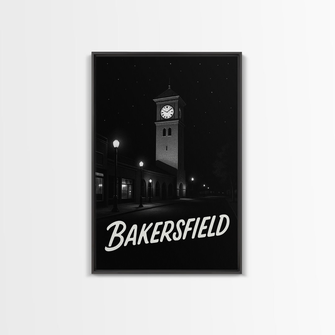 Bakersfield Travel Poster, Framed Canvas Print, Vintage Noir Poster Art, Bakersfield City Art, Vintage City Poster, Mid Century Wall Art