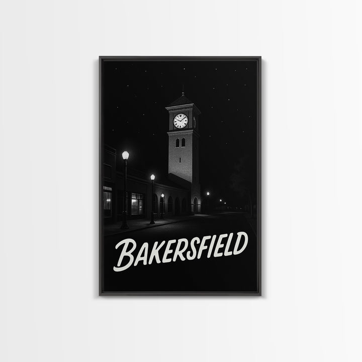 Bakersfield Travel Poster, Framed Canvas Print, Vintage Noir Poster Art, Bakersfield City Art, Vintage City Poster, Mid Century Wall Art
