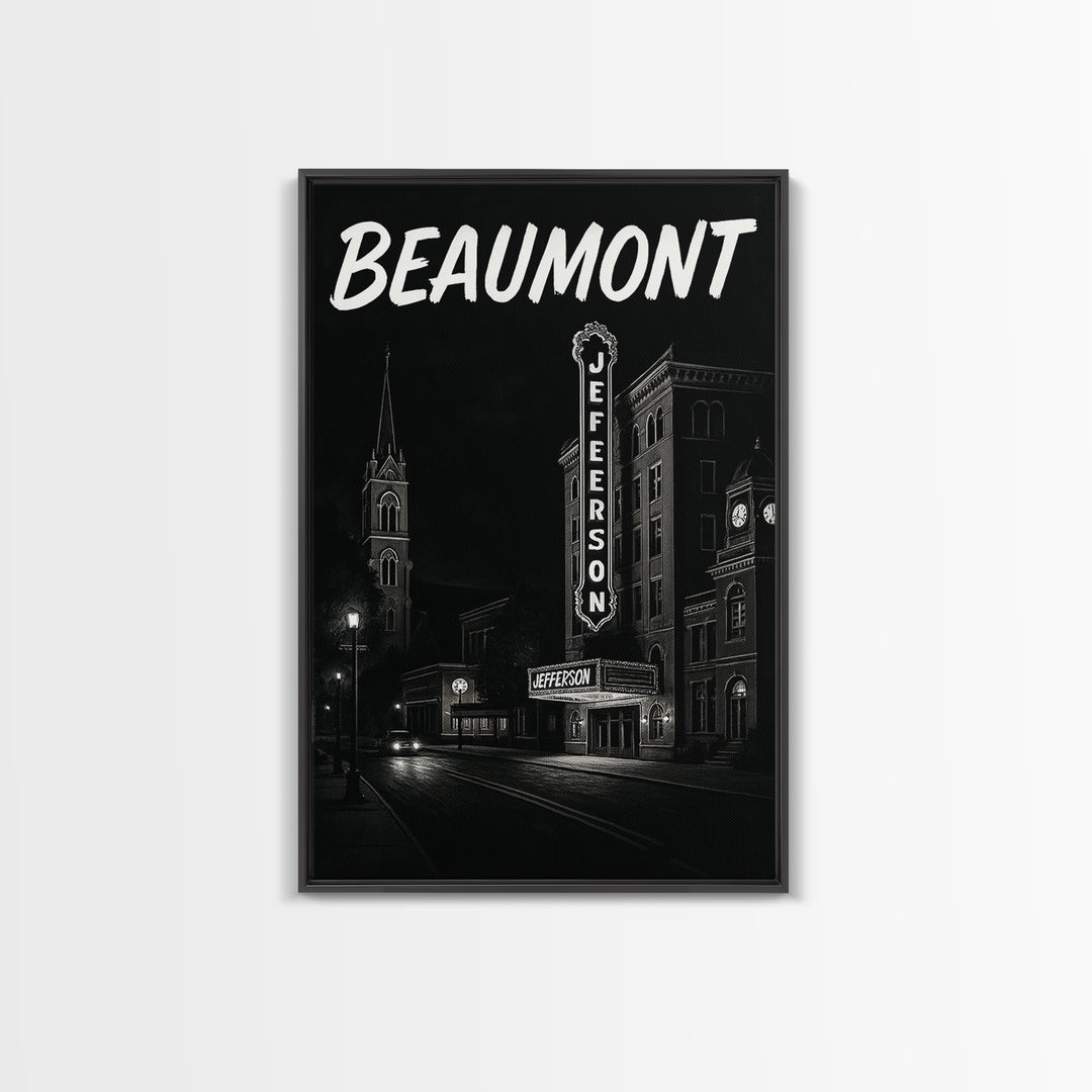 Beaumont Travel Poster, Framed Canvas Print, Dark Moody City Wall Art, Beaumont City Art, Eclectic Wall Decor, Living Room Wall Art