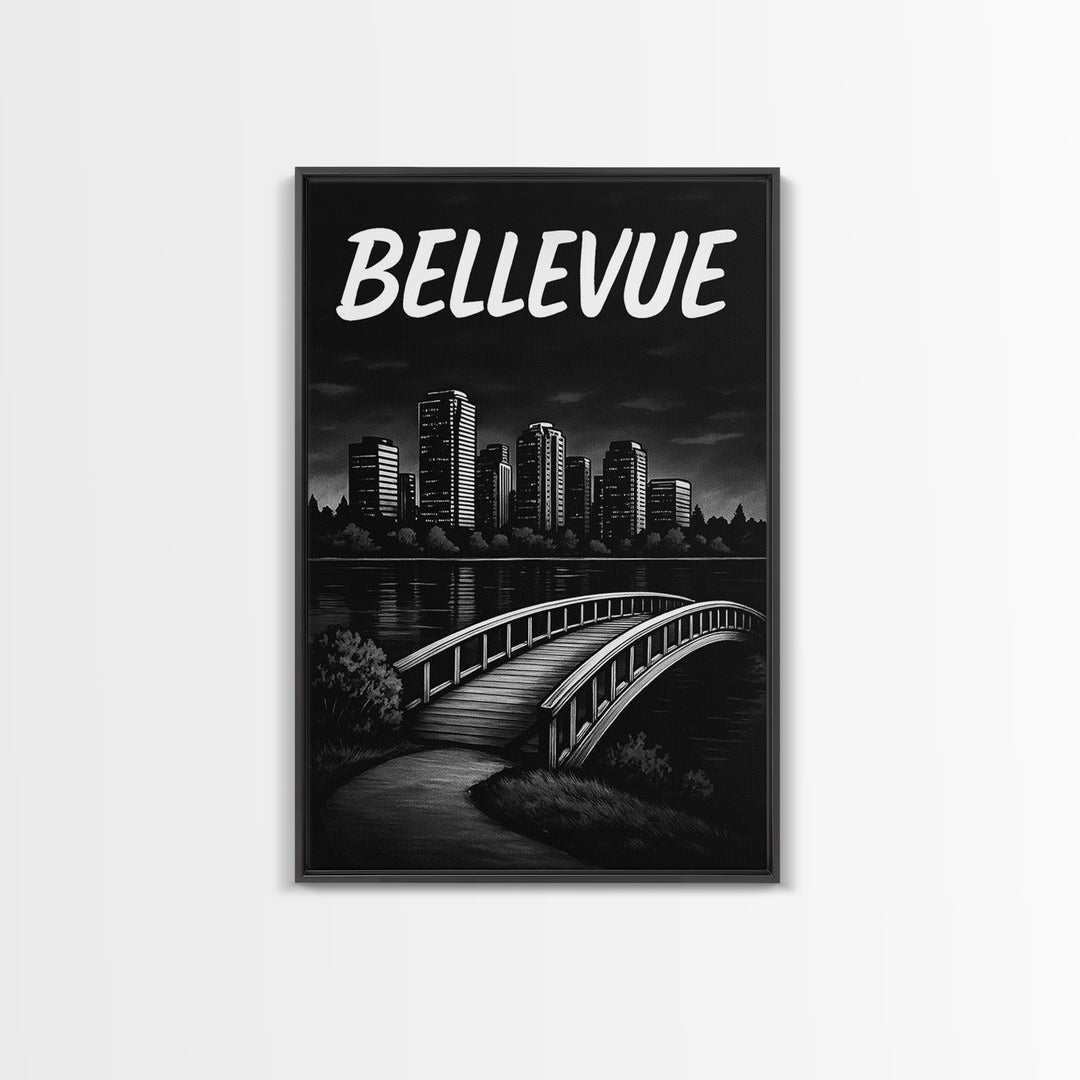 Bellevue Travel Poster, Framed Canvas Print, Black And White Travel Art, Bellevue Wall Art, Modern Wall Decor, Travel Art Print
