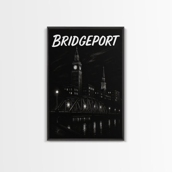 Bridgeport Travel Poster, Framed Canvas Print, Dark Moody City Wall Art, Bridgeport Poster Print, City Illustration, Vintage City Poster